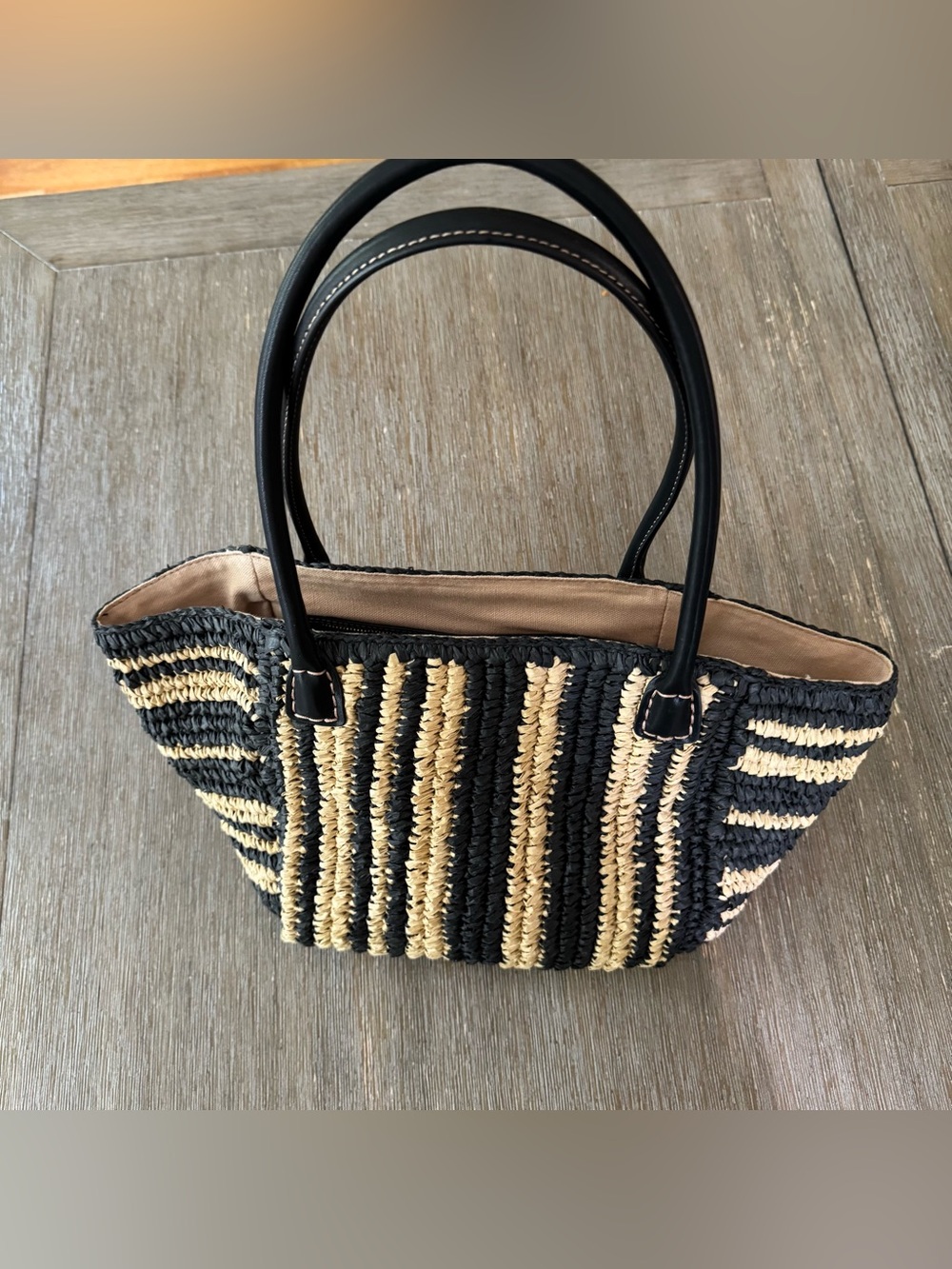 Madewell Black & Tan Striped Woven Tote with Leather Handles - Picture 2 of 6
